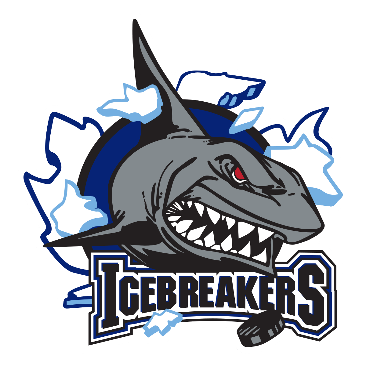 Shark breaking through ice with the words IceBreakers underneath